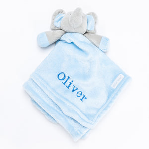 Babies personalised luxury heavy knit cellular panel blanket and elephant comforter gift set