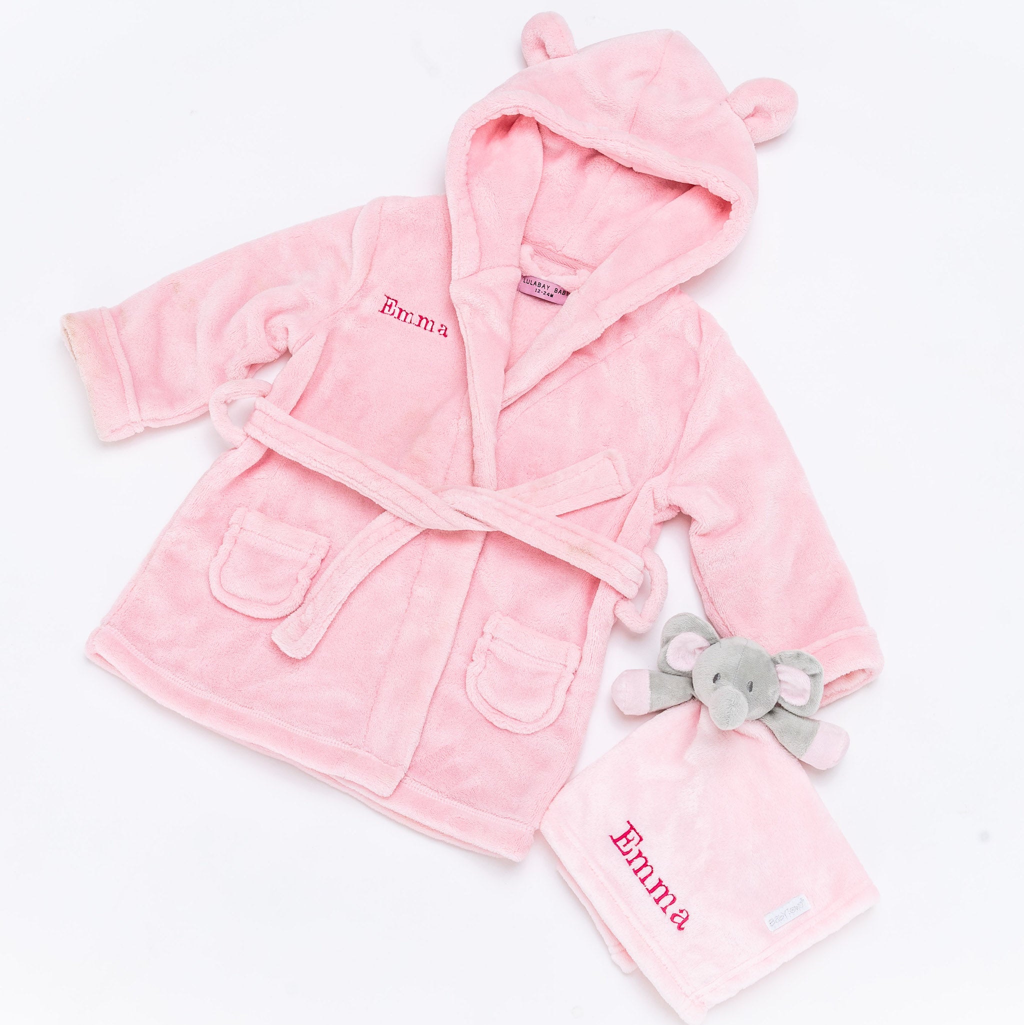 Babies unisex personalised dressing gown and elephant comforter gift set