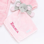 Load image into Gallery viewer, Babies personalised luxury heavy knit cellular panel blanket and elephant comforter gift set
