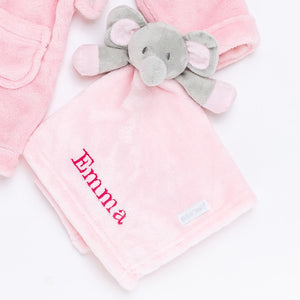 Babies personalised luxury heavy knit cellular panel blanket and elephant comforter gift set