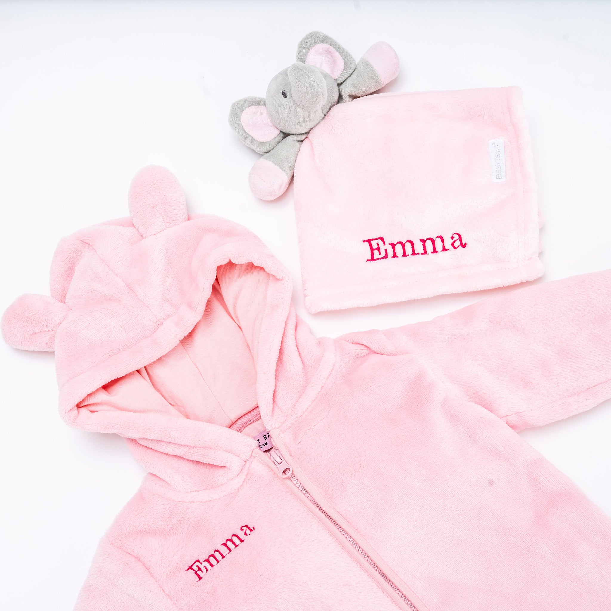 Babies unisex personalised pramsuit and elephant comforter gift set