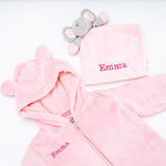 Babies unisex personalised pramsuit and elephant comforter gift set