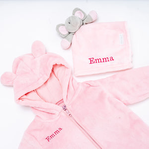 Babies unisex personalised pramsuit and elephant comforter gift set