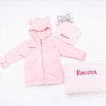 Load image into Gallery viewer, Lulabay babies personalised unisex pramsuit, comforter and Sherpa blanket gift set
