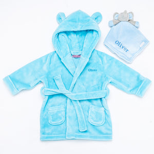 Babies unisex personalised dressing gown and elephant comforter gift set