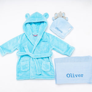 Babies unisex personalised dressing gown, elephant comforter and cotton blanket gift set