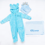 Load image into Gallery viewer, Lulabay babies personalised unisex pramsuit, comforter and Cotton blanket gift set
