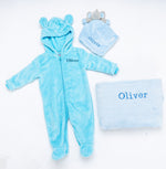 Load image into Gallery viewer, Lulabay babies personalised unisex pramsuit, comforter and Sherpa blanket gift set
