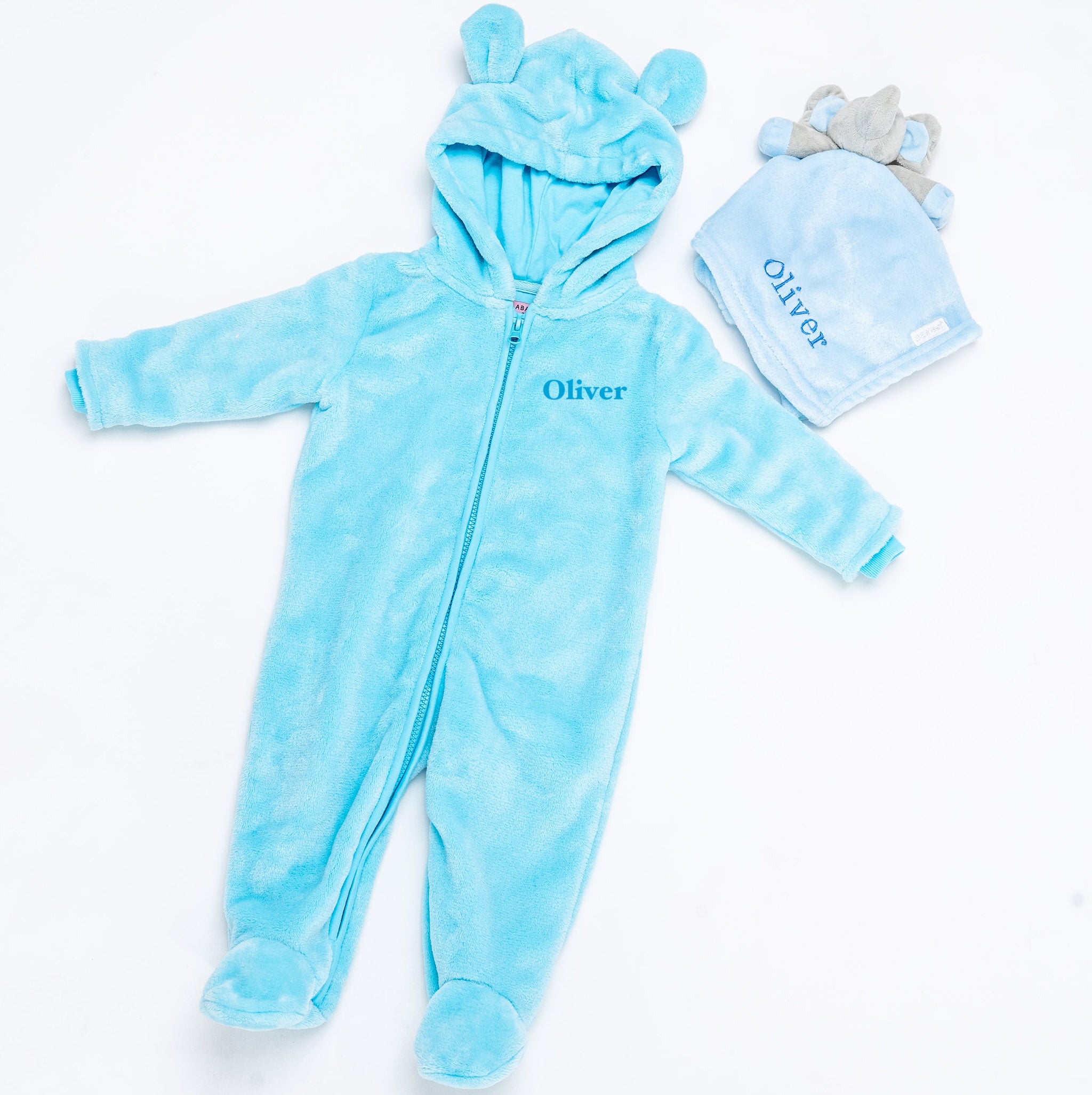 Babies unisex personalised pramsuit and elephant comforter gift set