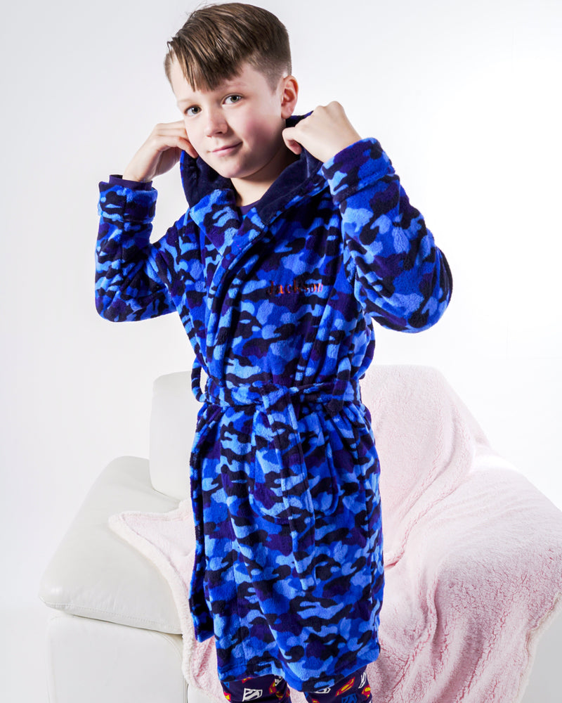 Lulabay boys personalised Camo dressing gown and dinosaur toy gift set