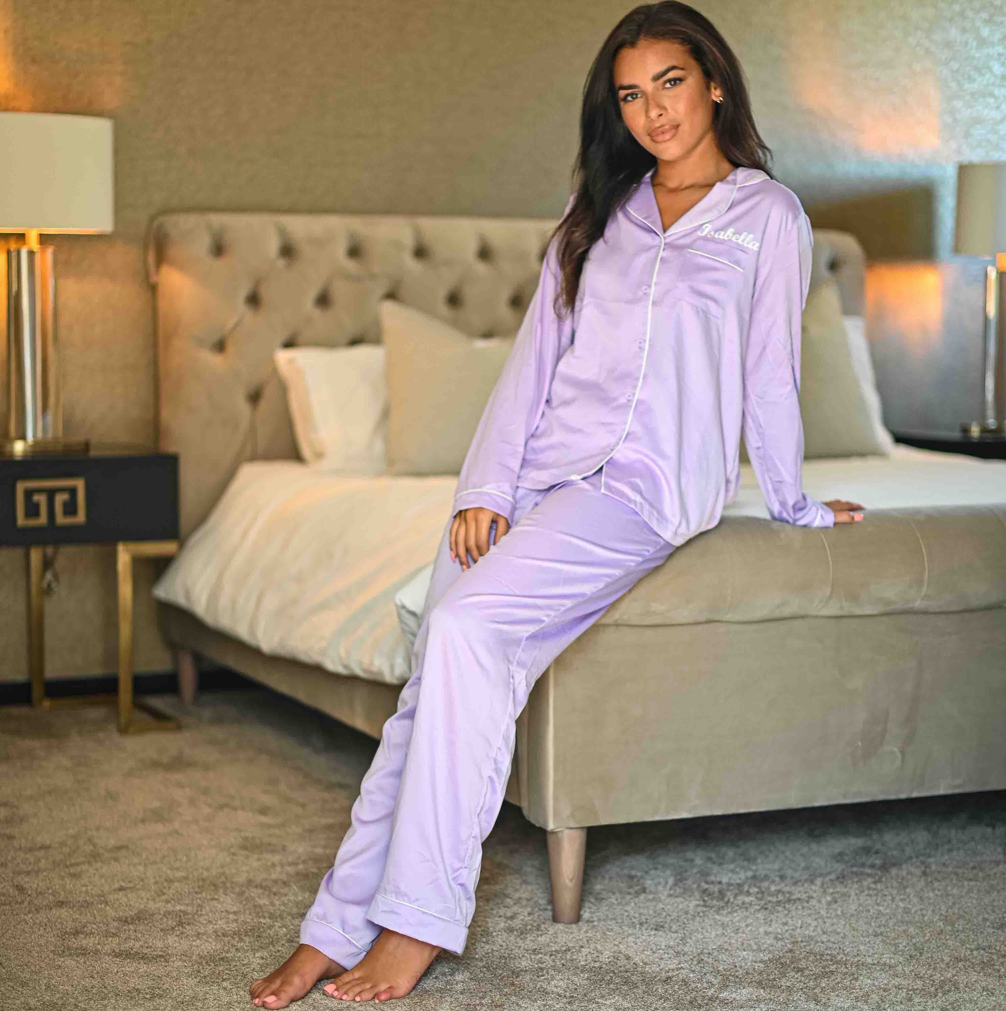 Lulabay ladies personalised satin long sleeve shirt and trouser pyjama set