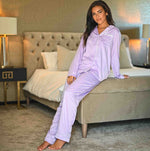 Load image into Gallery viewer, Lulabay ladies personalised satin long sleeve shirt and trouser pyjama set
