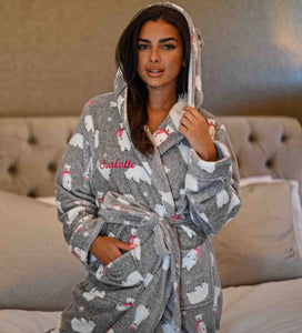 Ladies personalised hooded polar bear printed dressing gown