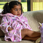 Load image into Gallery viewer, Lulabay baby girls personalised unicorn print dressing gown and bunny slipper gift set
