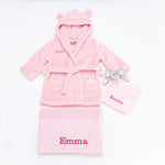 Load image into Gallery viewer, Babies unisex personalised dressing gown, elephant comforter and cotton blanket gift set
