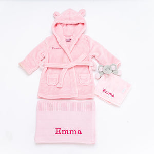 Babies unisex personalised dressing gown, elephant comforter and cotton blanket gift set