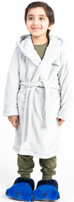 Load image into Gallery viewer, Lulabay boys personalised hooded dressing gown and dinosaur toy gift set
